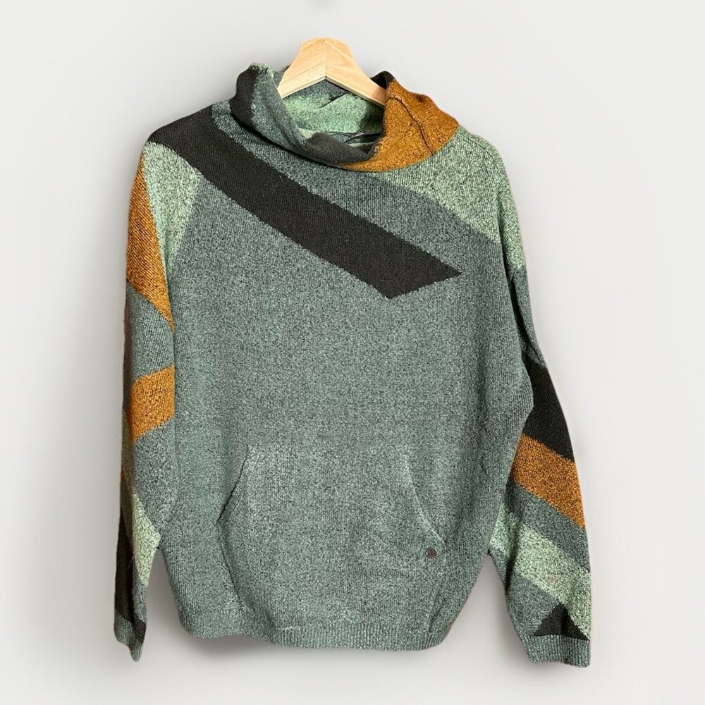 prAna Cowl Neck Color Block Sweater Womens Medium Sage Green Mustard